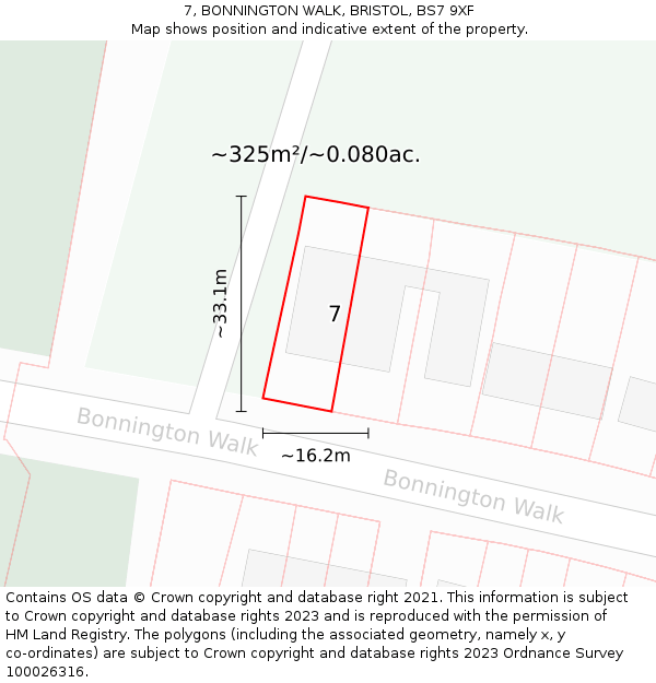 7, BONNINGTON WALK, BRISTOL, BS7 9XF: Plot and title map