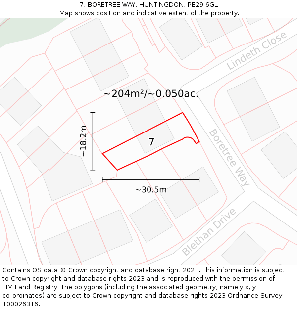 7, BORETREE WAY, HUNTINGDON, PE29 6GL: Plot and title map