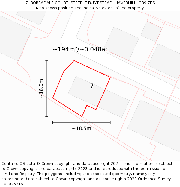 7, BORRADALE COURT, STEEPLE BUMPSTEAD, HAVERHILL, CB9 7ES: Plot and title map