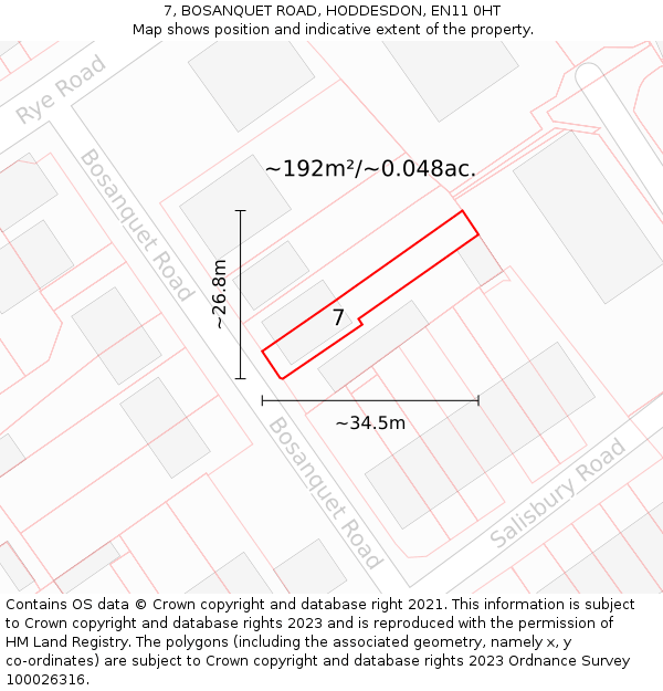 7, BOSANQUET ROAD, HODDESDON, EN11 0HT: Plot and title map