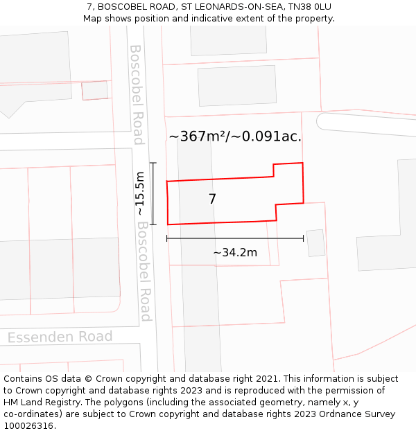 7, BOSCOBEL ROAD, ST LEONARDS-ON-SEA, TN38 0LU: Plot and title map