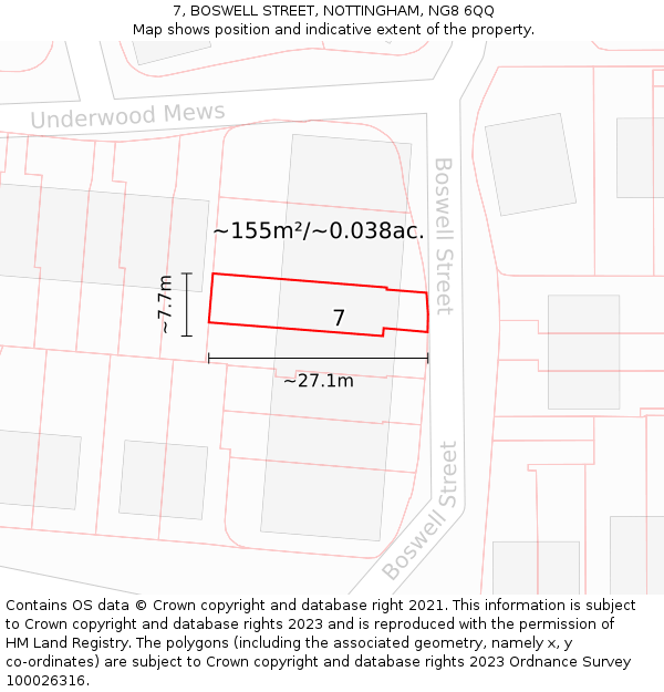 7, BOSWELL STREET, NOTTINGHAM, NG8 6QQ: Plot and title map