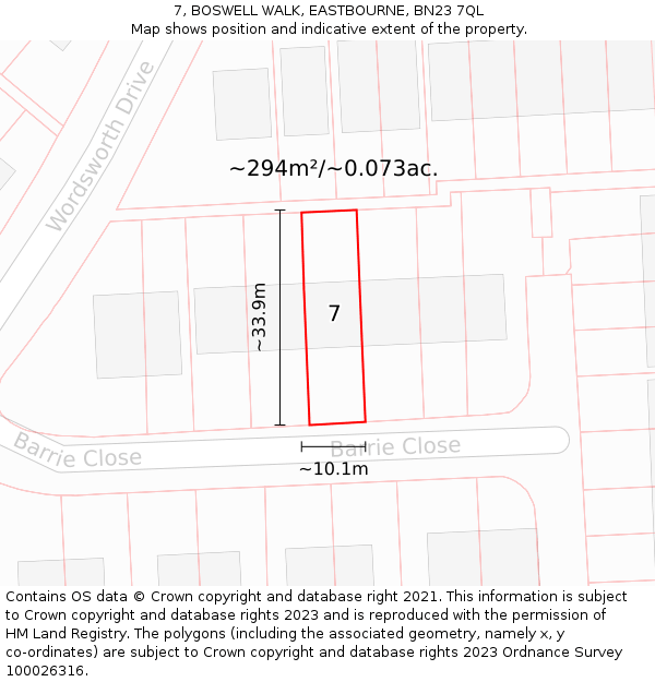 7, BOSWELL WALK, EASTBOURNE, BN23 7QL: Plot and title map