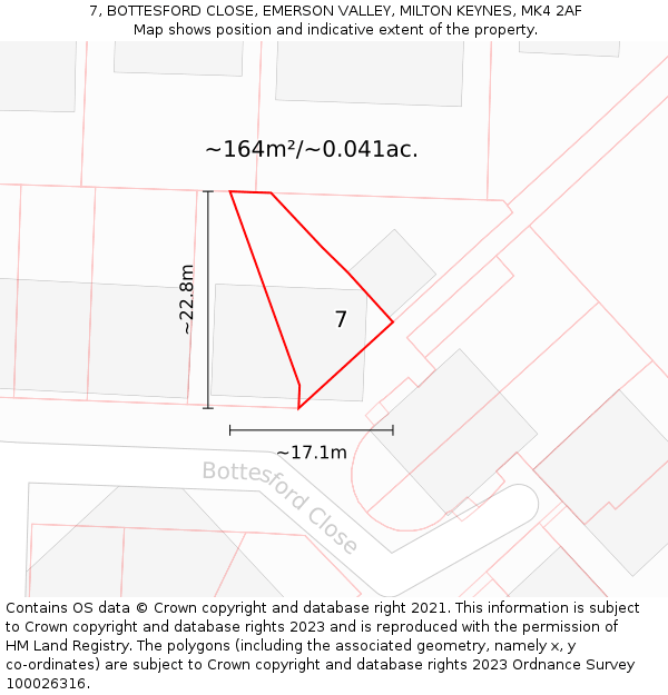 7, BOTTESFORD CLOSE, EMERSON VALLEY, MILTON KEYNES, MK4 2AF: Plot and title map