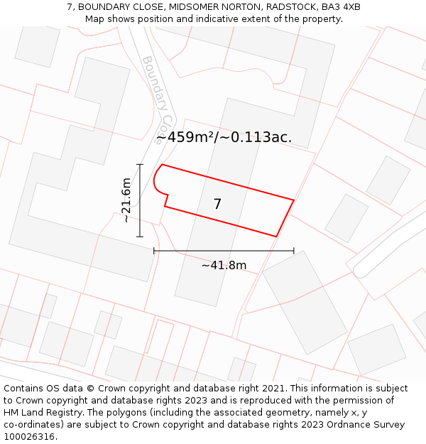 7, BOUNDARY CLOSE, MIDSOMER NORTON, RADSTOCK, BA3 4XB: Plot and title map