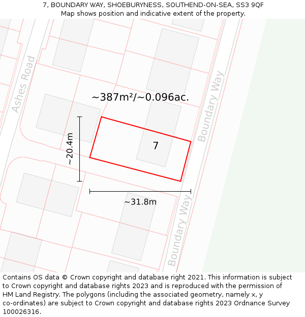7, BOUNDARY WAY, SHOEBURYNESS, SOUTHEND-ON-SEA, SS3 9QF: Plot and title map