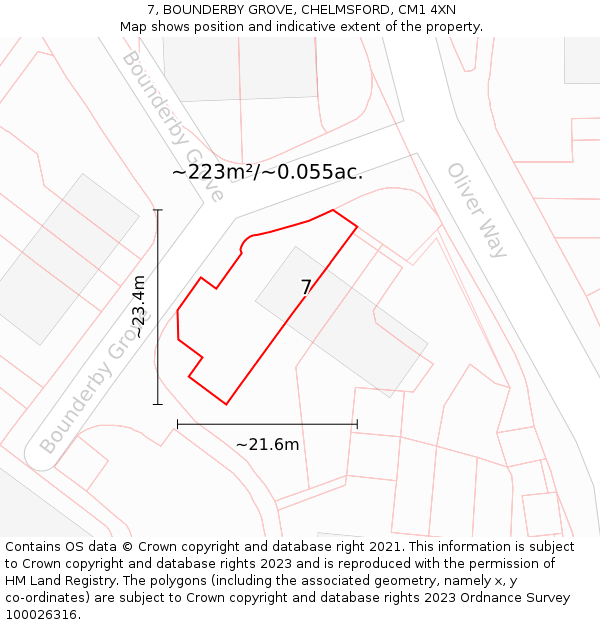 7, BOUNDERBY GROVE, CHELMSFORD, CM1 4XN: Plot and title map