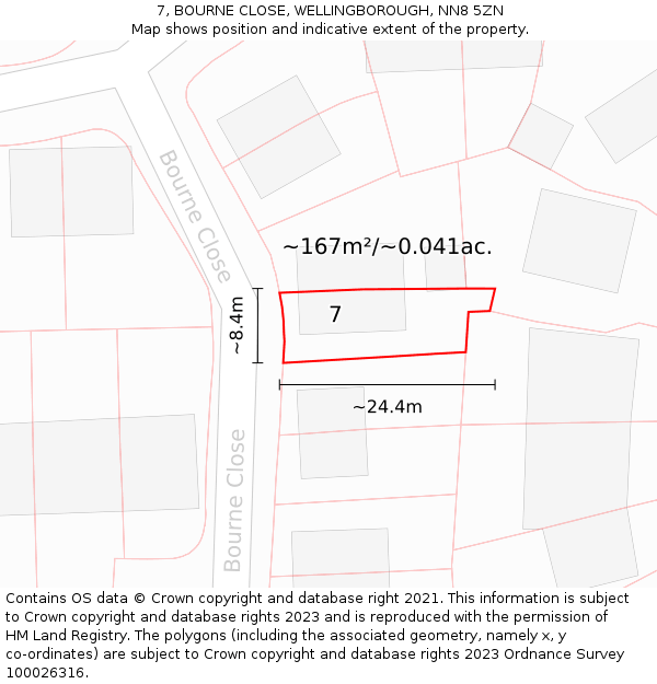 7, BOURNE CLOSE, WELLINGBOROUGH, NN8 5ZN: Plot and title map