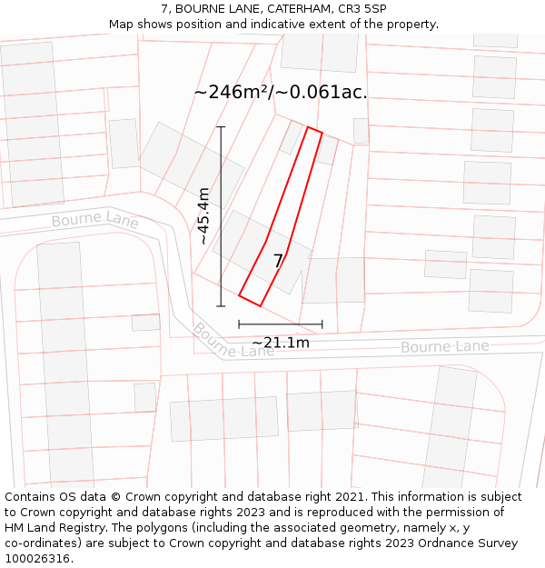 7, BOURNE LANE, CATERHAM, CR3 5SP: Plot and title map