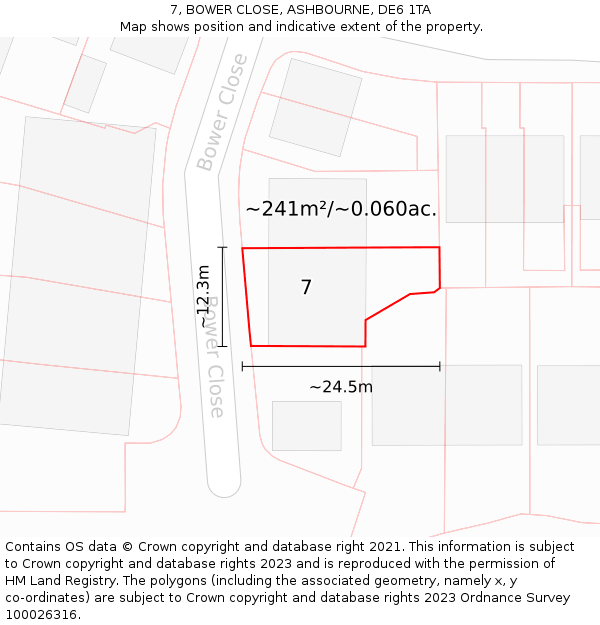 7, BOWER CLOSE, ASHBOURNE, DE6 1TA: Plot and title map