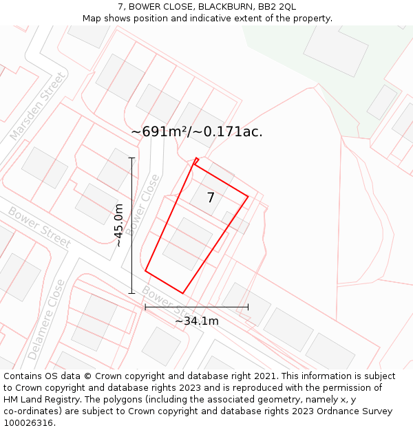 7, BOWER CLOSE, BLACKBURN, BB2 2QL: Plot and title map