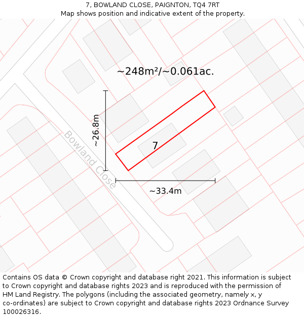 7, BOWLAND CLOSE, PAIGNTON, TQ4 7RT: Plot and title map