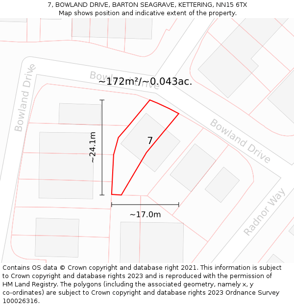 7, BOWLAND DRIVE, BARTON SEAGRAVE, KETTERING, NN15 6TX: Plot and title map