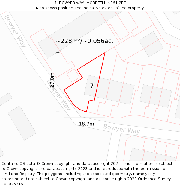 7, BOWYER WAY, MORPETH, NE61 2FZ: Plot and title map