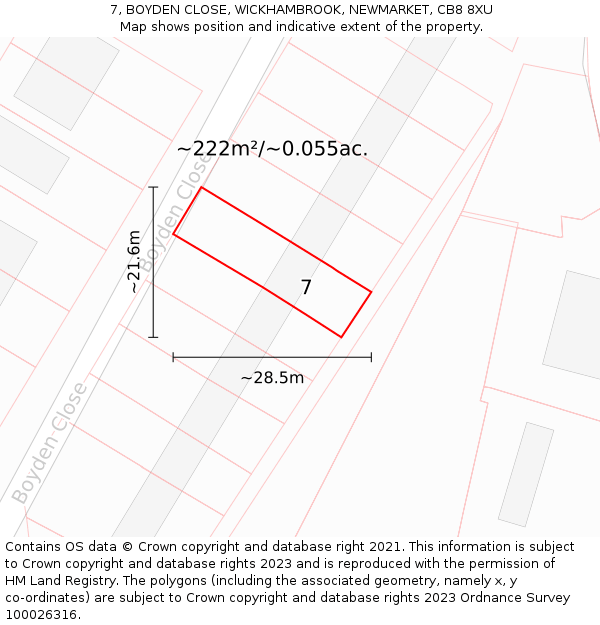 7, BOYDEN CLOSE, WICKHAMBROOK, NEWMARKET, CB8 8XU: Plot and title map