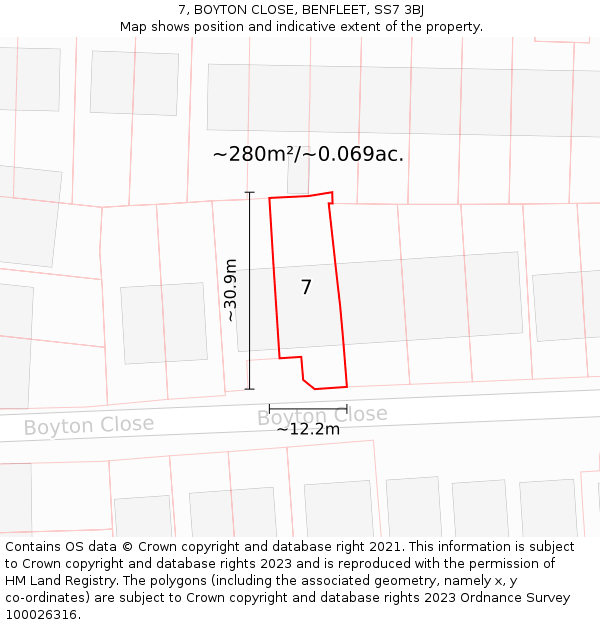 7, BOYTON CLOSE, BENFLEET, SS7 3BJ: Plot and title map