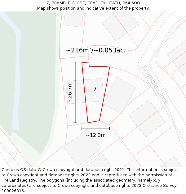7, BRAMBLE CLOSE, CRADLEY HEATH, B64 5QQ: Plot and title map