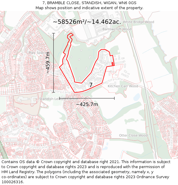 7, BRAMBLE CLOSE, STANDISH, WIGAN, WN6 0GS: Plot and title map