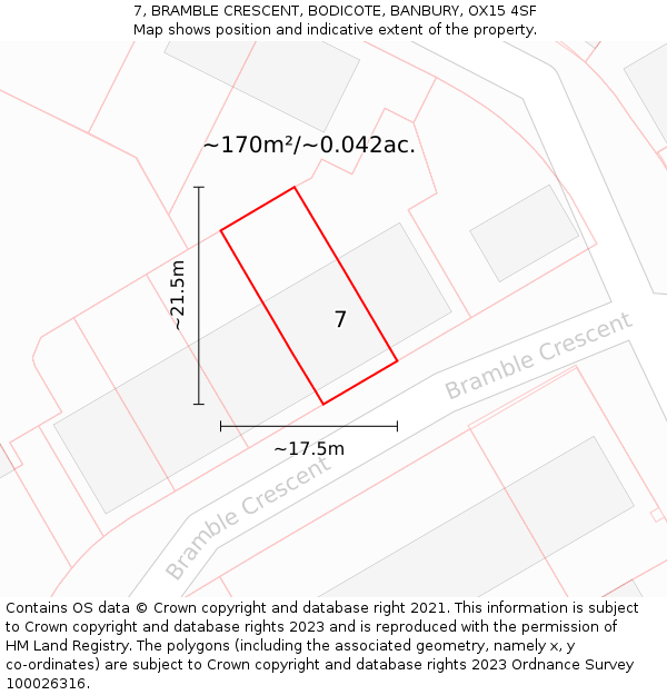 7, BRAMBLE CRESCENT, BODICOTE, BANBURY, OX15 4SF: Plot and title map