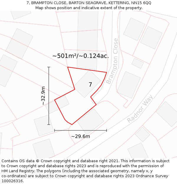7, BRAMPTON CLOSE, BARTON SEAGRAVE, KETTERING, NN15 6QQ: Plot and title map