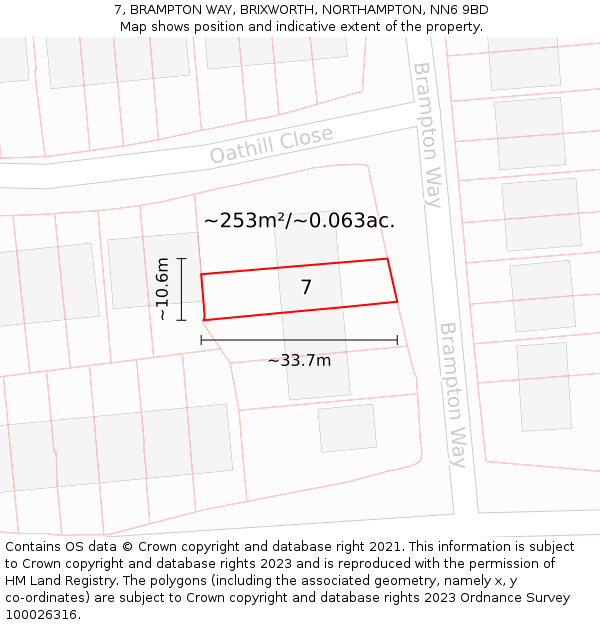 7, BRAMPTON WAY, BRIXWORTH, NORTHAMPTON, NN6 9BD: Plot and title map