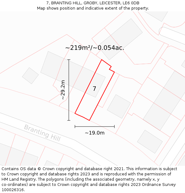 7, BRANTING HILL, GROBY, LEICESTER, LE6 0DB: Plot and title map