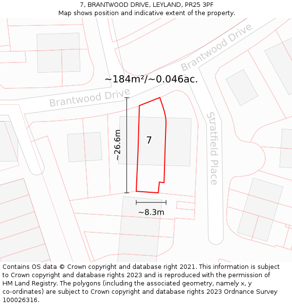 7, BRANTWOOD DRIVE, LEYLAND, PR25 3PF: Plot and title map
