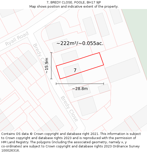 7, BREDY CLOSE, POOLE, BH17 9JP: Plot and title map