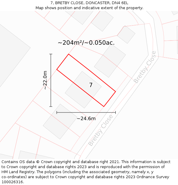 7, BRETBY CLOSE, DONCASTER, DN4 6EL: Plot and title map