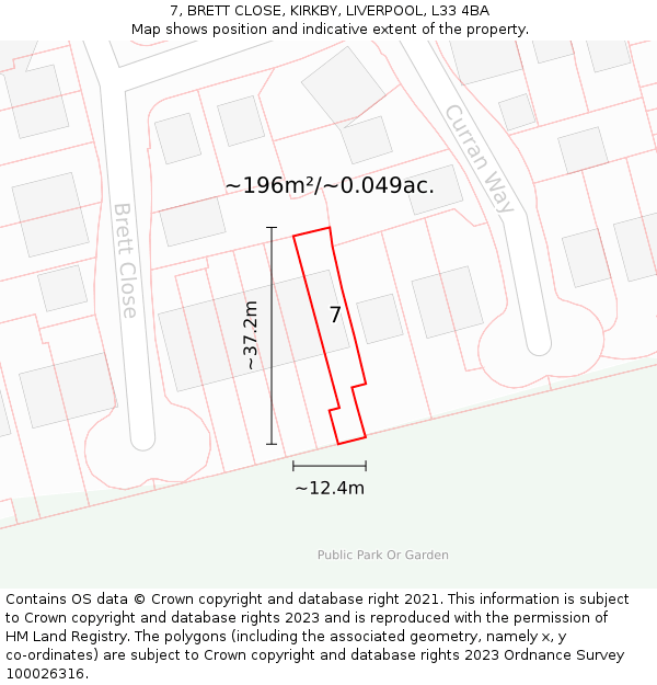 7, BRETT CLOSE, KIRKBY, LIVERPOOL, L33 4BA: Plot and title map