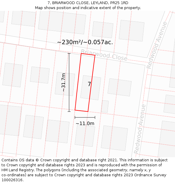 7, BRIARWOOD CLOSE, LEYLAND, PR25 1RD: Plot and title map