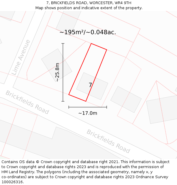 7, BRICKFIELDS ROAD, WORCESTER, WR4 9TH: Plot and title map