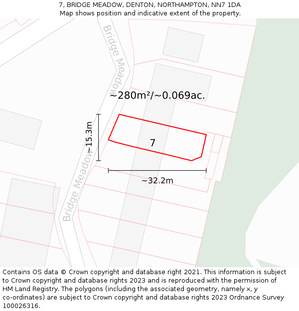 7, BRIDGE MEADOW, DENTON, NORTHAMPTON, NN7 1DA: Plot and title map