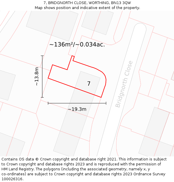 7, BRIDGNORTH CLOSE, WORTHING, BN13 3QW: Plot and title map