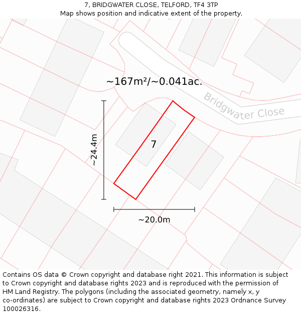 7, BRIDGWATER CLOSE, TELFORD, TF4 3TP: Plot and title map