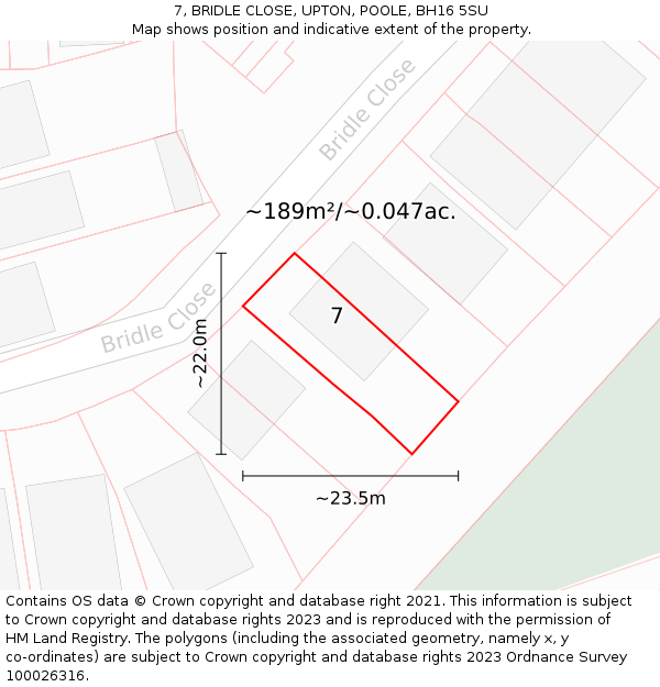 7, BRIDLE CLOSE, UPTON, POOLE, BH16 5SU: Plot and title map