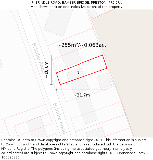 7, BRINDLE ROAD, BAMBER BRIDGE, PRESTON, PR5 6RN: Plot and title map