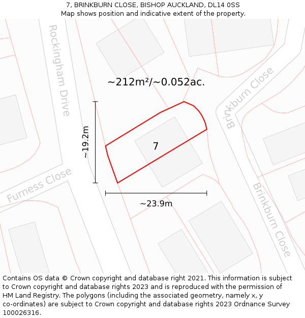7, BRINKBURN CLOSE, BISHOP AUCKLAND, DL14 0SS: Plot and title map