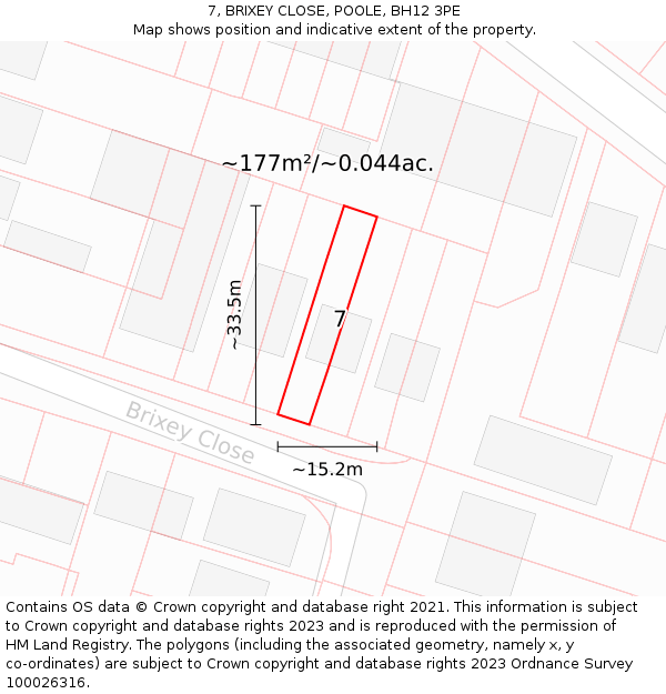 7, BRIXEY CLOSE, POOLE, BH12 3PE: Plot and title map