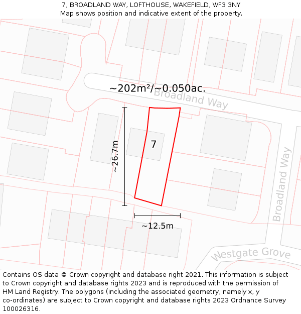 7, BROADLAND WAY, LOFTHOUSE, WAKEFIELD, WF3 3NY: Plot and title map