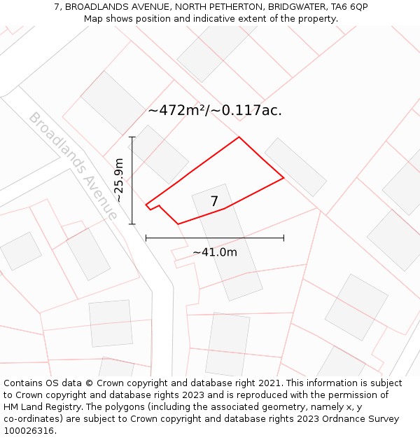 7, BROADLANDS AVENUE, NORTH PETHERTON, BRIDGWATER, TA6 6QP: Plot and title map