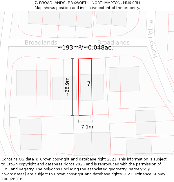7, BROADLANDS, BRIXWORTH, NORTHAMPTON, NN6 9BH: Plot and title map