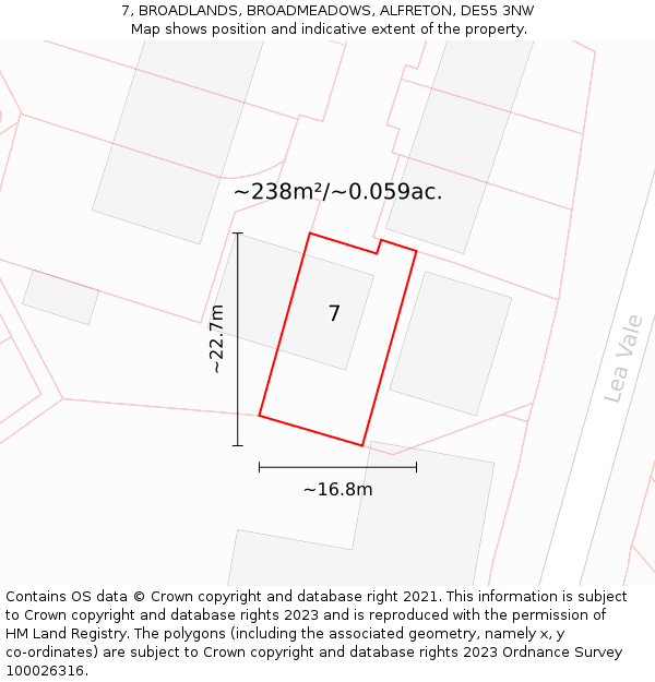 7, BROADLANDS, BROADMEADOWS, ALFRETON, DE55 3NW: Plot and title map