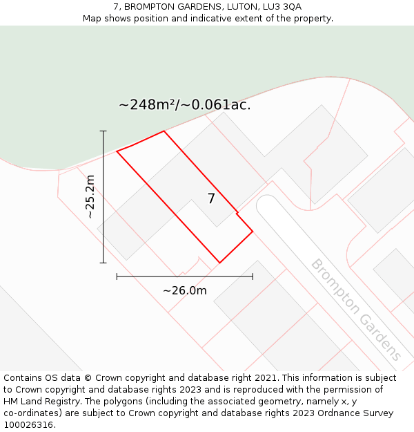 7, BROMPTON GARDENS, LUTON, LU3 3QA: Plot and title map
