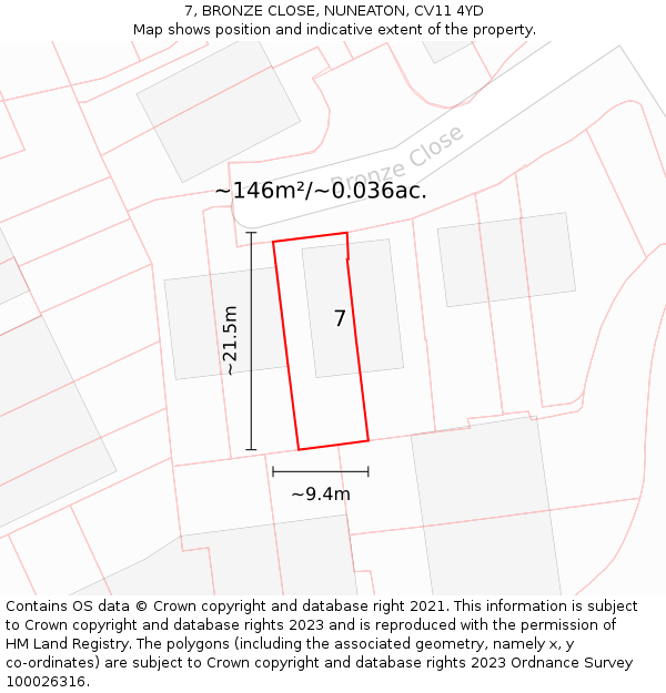 7, BRONZE CLOSE, NUNEATON, CV11 4YD: Plot and title map