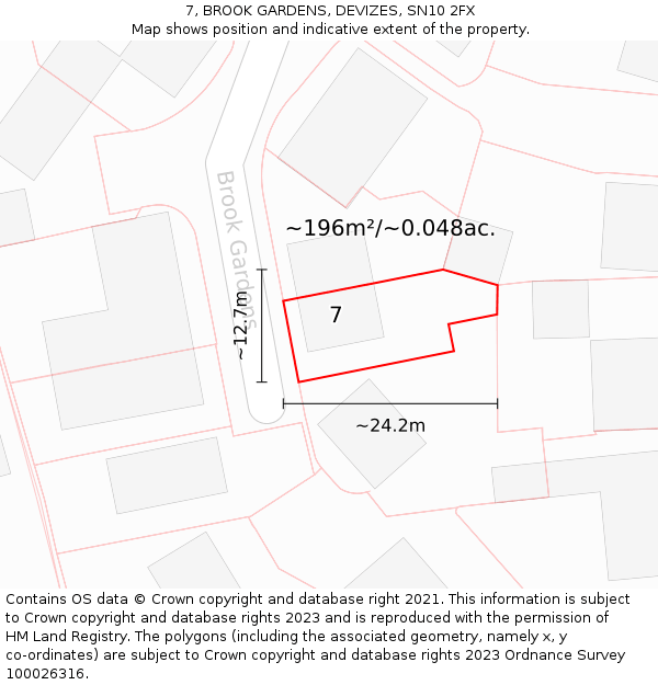 7, BROOK GARDENS, DEVIZES, SN10 2FX: Plot and title map