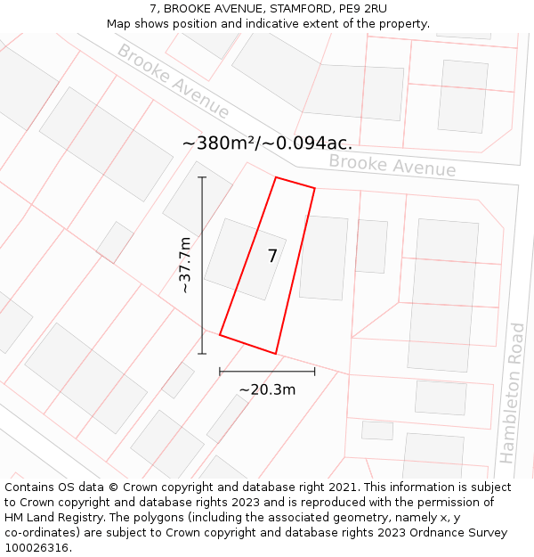 7, BROOKE AVENUE, STAMFORD, PE9 2RU: Plot and title map