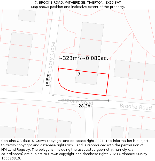 7, BROOKE ROAD, WITHERIDGE, TIVERTON, EX16 8AT: Plot and title map