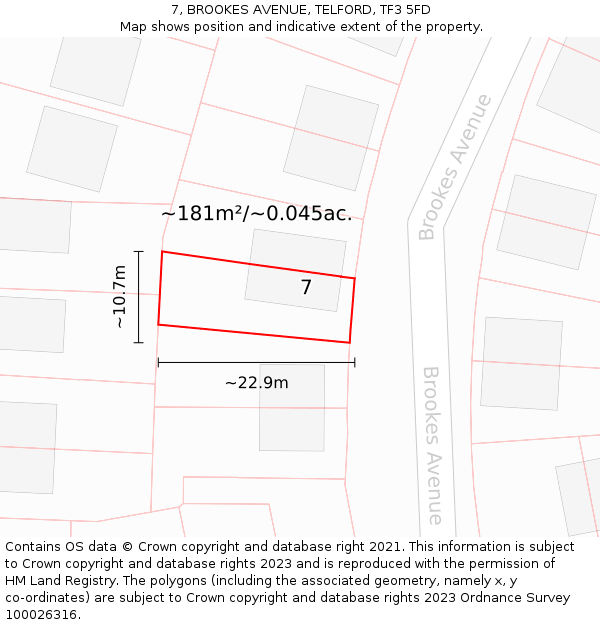 7, BROOKES AVENUE, TELFORD, TF3 5FD: Plot and title map