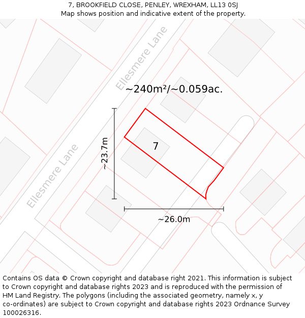 7, BROOKFIELD CLOSE, PENLEY, WREXHAM, LL13 0SJ: Plot and title map
